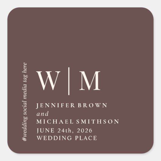 Chocolate Brown Beige Formal social media Wedding Vierkante Sticker (Voorkant)