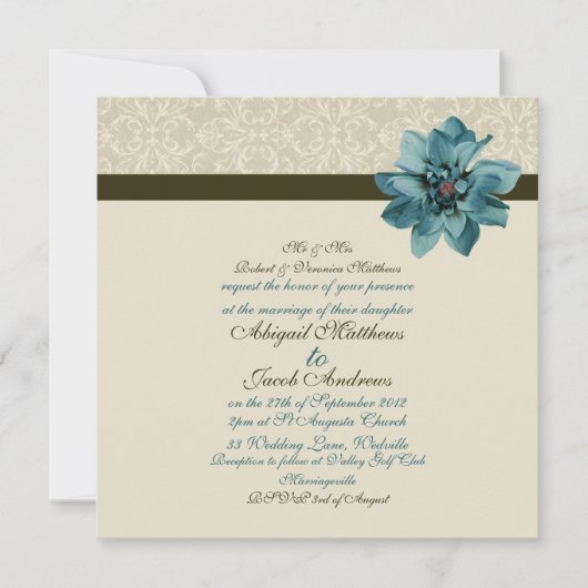 Chocolate Brown Blauwgroen Blue Flower Wedding Inv Kaart (Voorkant)