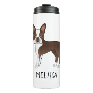 Chocolate Brown Boston Terrier Cartoon Dog & Name Thermosbeker