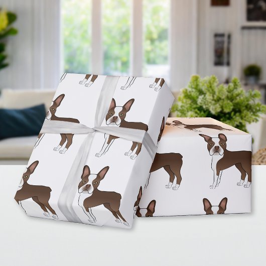 Chocolate Brown Boston Terrier Cartoon Dog Pattern Cadeaupapier