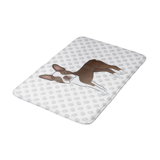 Chocolate Brown Boston Terrier Cartoon Dog & Paws Badmat (Gekanteld)