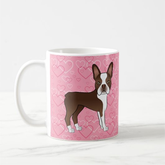 Chocolate Brown Boston Terrier Dog op roze harten Koffiemok (Links)