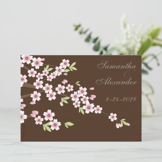 Chocolate Brown Cherry Blossom Wedding Invitation Kaart (Staand voorkant)