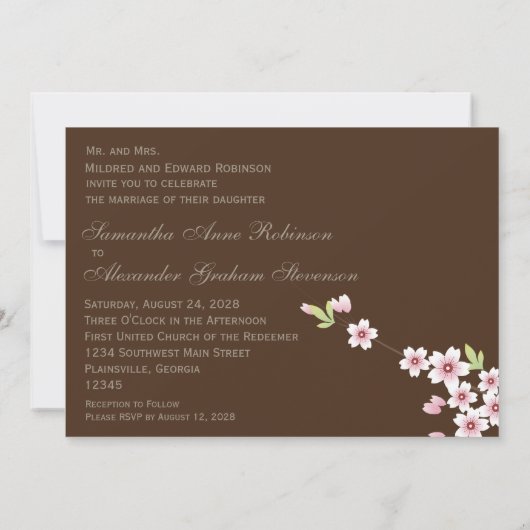 Chocolate Brown Cherry Blossom Wedding Invitation Kaart (Achterkant)
