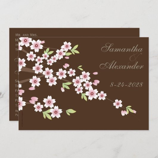 Chocolate Brown Cherry Blossom Wedding Invitation Kaart (Voorkant / Achterkant)