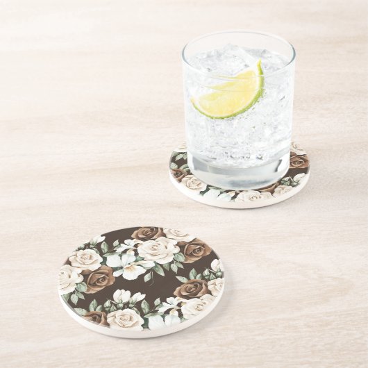 Chocolate Brown Cream Flowers Zandsteen Onderzetter (Zijkant)