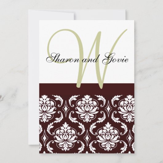 Chocolate Brown Damask Monogram Weddenschap Kaart (Voorkant)