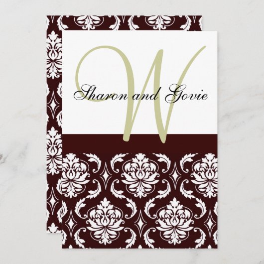 Chocolate Brown Damask Monogram Weddenschap Kaart (Voorkant / Achterkant)
