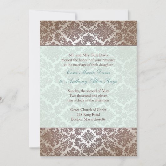 Chocolate Brown Damask Wedding Invitation Kaart (Voorkant)