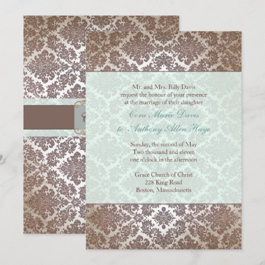 Chocolate Brown Damask Wedding Invitation Kaart (Voorkant / Achterkant)