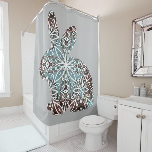 Chocolate Brown en Turquoise Blue Mandala Bunny Douchegordijn (In situ)