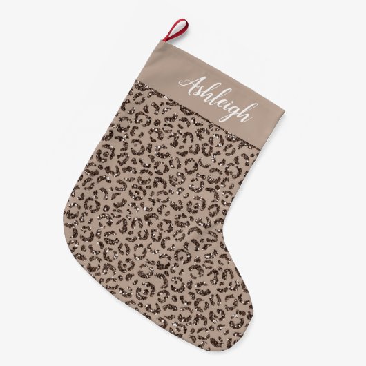 Chocolate Brown Mocha Cream Leopard Glitter Grote Kerstsok (Voorkant (Hangend))