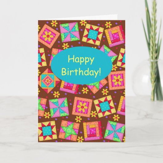 Chocolate Brown Patchwork Quilt Art Happy Birthday Kaart (Voorkant)