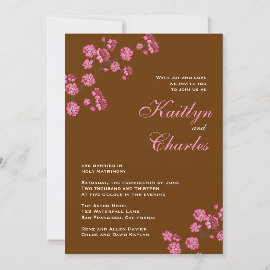 Chocolate Brown Pink Flowers Vintage Wedding Kaart (Voorkant)