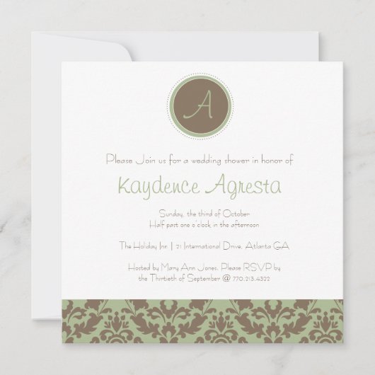 Chocolate Brown/Sage Damask Wedding Shower Kaart (Voorkant)