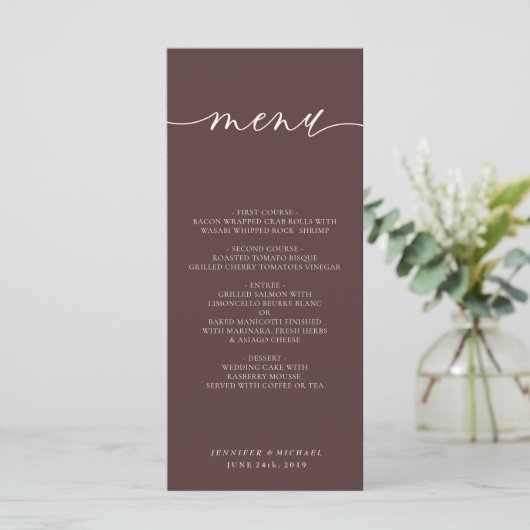Chocolate Brown Simple Script Wedding Dinner Menu (Staand voorkant)