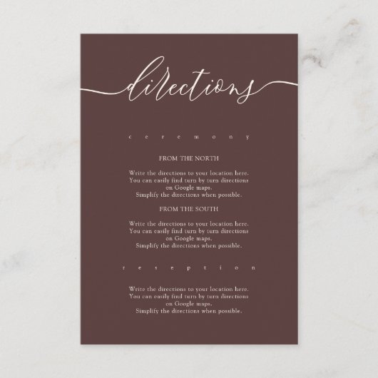 Chocolate Brown Simple Wedding Directions Informatiekaartje (Voorkant)