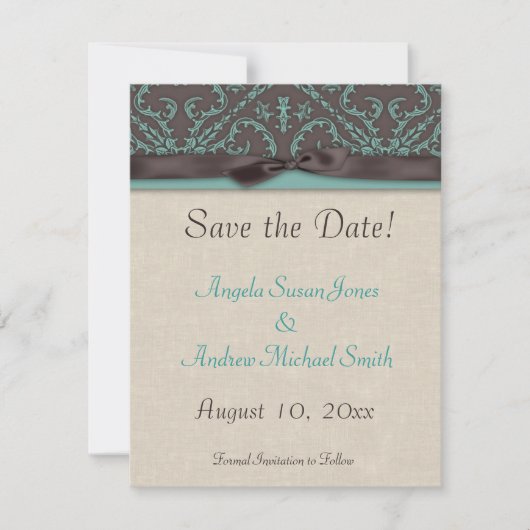 Chocolate Brown Turqoise sparen de datum Save The Date (Voorkant)