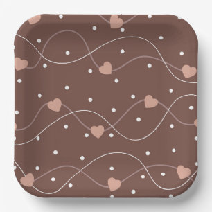 Chocolate Brown with Pink Hearts Pattern Papieren Bordje