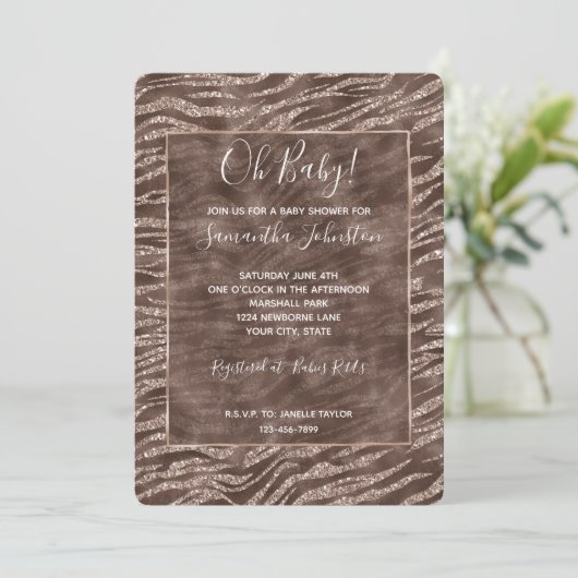 Chocolate Brown Zebra Glitter Baby shower Kaart (Staand voorkant)