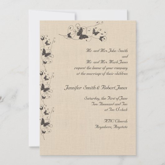 Chocolate Butterflies op Linen Wedding Invitation Kaart (Voorkant)