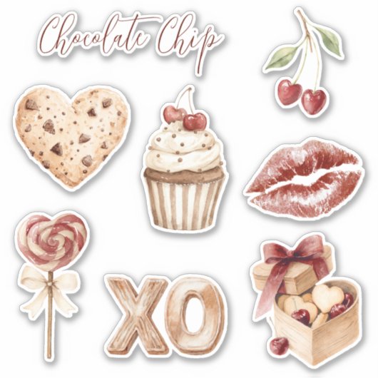 Chocolate Chip Hart Koekje Kersen Cupcake XO Sticker (Voorkant)