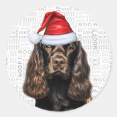 Chocolate Cocker Spaniel hond op Woof Art Kerstmis Ronde Sticker (Voorkant)