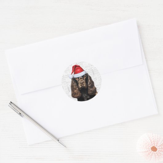 Chocolate Cocker Spaniel hond op Woof Art Kerstmis Ronde Sticker (Envelop)