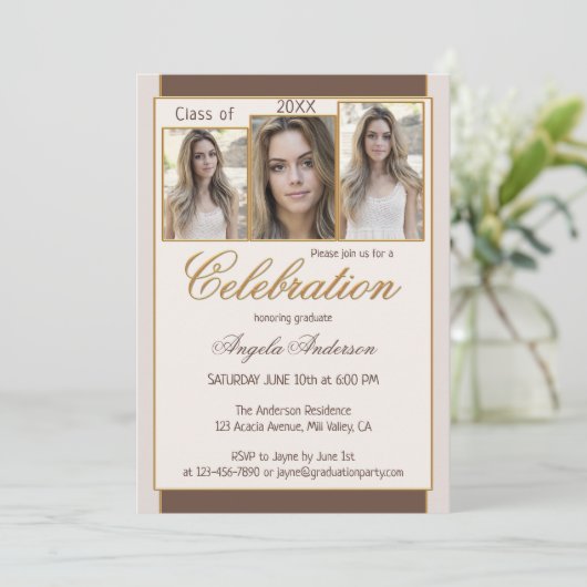 Chocolate Cream Gold Photo Afstuderen Invitation Kaart (Staand voorkant)