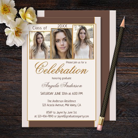 Chocolate Cream Gold Photo Afstuderen Invitation Kaart