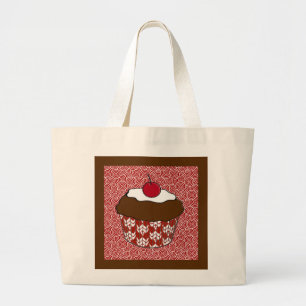 Chocolate Cupcake op rood en wit patroon Grote Tote Bag