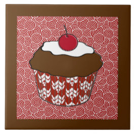 Chocolate Cupcake op rood en wit patroon Tegeltje