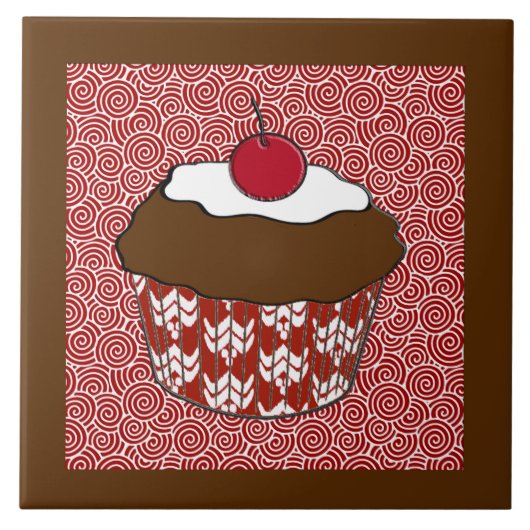 Chocolate Cupcake op rood en wit patroon Tegeltje (Voorkant)