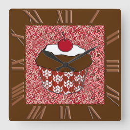 Chocolate Cupcake op rood en wit patroon Vierkante Klok