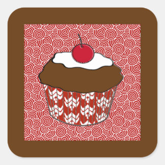Chocolate Cupcake op rood en wit patroon Vierkante Sticker