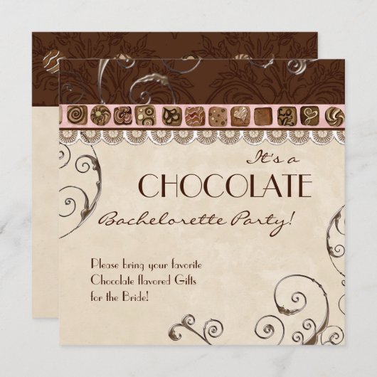 Chocolate Damask Swirl Batchelorette Party Invite Kaart (Voorkant / Achterkant)