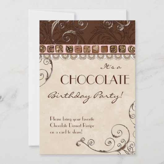 Chocolate Damask Swirl Birthday Party Invitation Kaart (Voorkant)