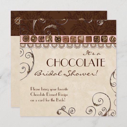 Chocolate Damask Swirl Bridal Shower Invitation Kaart (Voorkant / Achterkant)