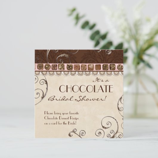 Chocolate Damask Swirl Bridal Shower Invitation Kaart (Staand voorkant)