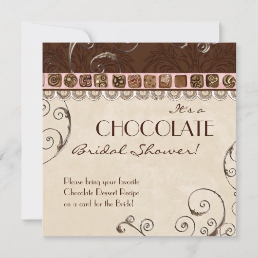 Chocolate Damask Swirl Bridal Shower Invitation Kaart (Voorkant)