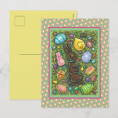 CHOCOLATE EASTER BUNNY, CHICK, EGGS, JELLY BEANS FEESTDAGENKAART (Voorkant / Achterkant)