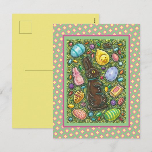 CHOCOLATE EASTER BUNNY, CHICK, EGGS, JELLY BEANS FEESTDAGENKAART (Voorkant / Achterkant)