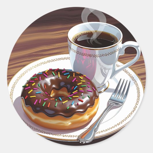 Chocolate Frosted Donut and Coffee  Ronde Sticker (Voorkant)