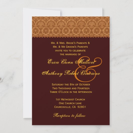 Chocolate Gold Damask Wedding Monogram Kaart (Voorkant)