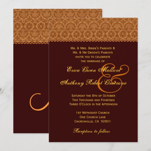 Chocolate Gold Damask Wedding Monogram Kaart (Voorkant / Achterkant)