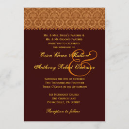 Chocolate Gold Damask Wedding Monogram Kaart