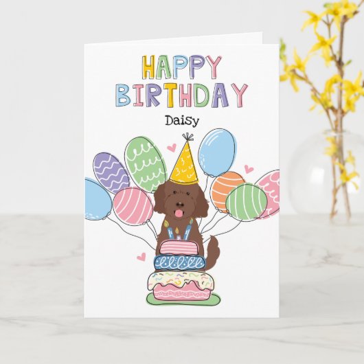 Chocolate Goldendoodle Dog Happy Birthday Kaart (Gele Bloem)