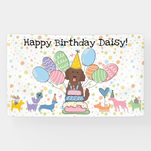 Chocolate Goldendoodle Hond Verjaardagsfeestje Spandoek (Horizontaal)