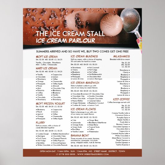 Chocolate Ice Cream, Ice Cream Parlor Menu Poster (Voorkant)