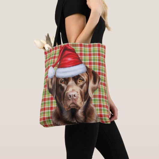 Chocolate Lab Christmas Dog Seasonal Plaid Tote Bag (Dichtbij)